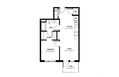 Floor plan for 1 bed, 1 bath, 650 sqft