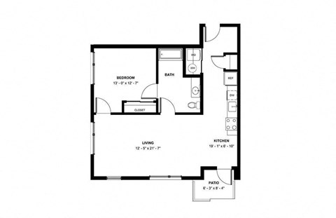 Floor plan for 1 bed, 1 bath, 838 sqft