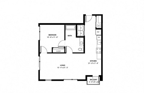 Floor plan for 1 bed, 1 bath, 842 sqft