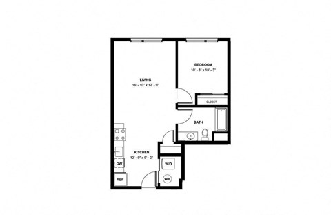 Floor plan for 1 bed, 1 bath, 658 sqft