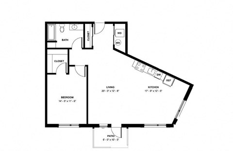 Floor plan for 1 bed, 1 bath, 988 sqft
