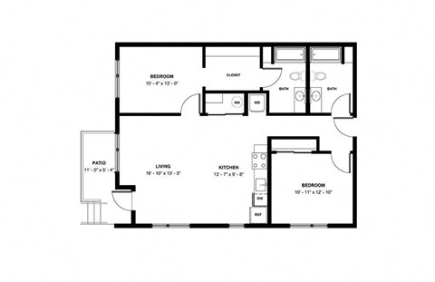 Floor plan for 2 beds, 2 baths, 1232 sqft