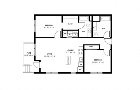 Floor plan for 2 beds, 2 baths, 1063 sqft