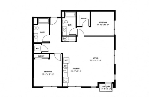 Floor plan for 2 beds, 2 baths, 1280 sqft