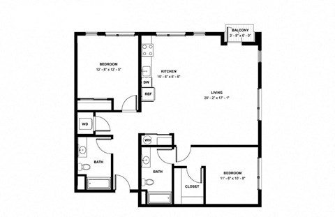 Floor plan for 2 beds, 2 baths, 1278 sqft