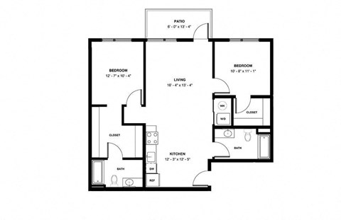 Floor plan for 2 beds, 2 baths, 1023 sqft