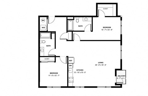 Floor plan for 2 beds, 2 baths, 1299 sqft