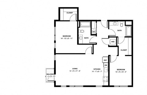 Floor plan for 2 beds, 2 baths, 1133 sqft