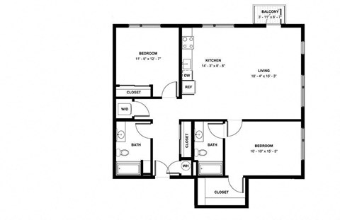 Floor plan for 2 beds, 2 baths, 1228 sqft