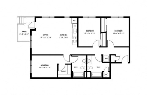 Floor plan for 3 beds, 2 baths, 1239 sqft