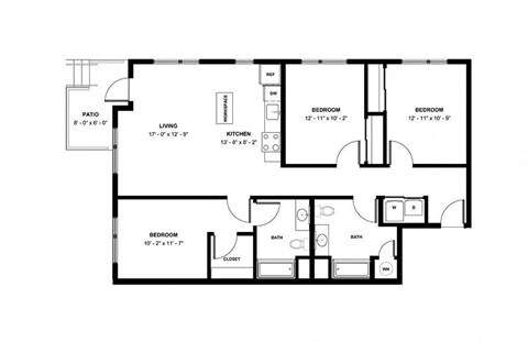 Floor plan for 3 beds, 2 baths, 1267 sqft