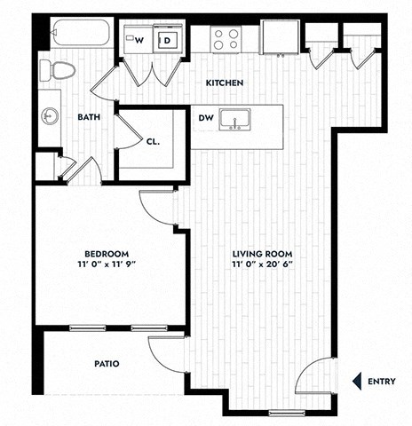 Floor plan for 1 bed, 1 bath, 723 sqft