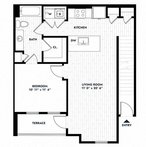 Floor plan for 1 bed, 1 bath, 783 sqft