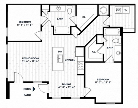 Floor plan for 2 beds, 2 baths, 1112 sqft