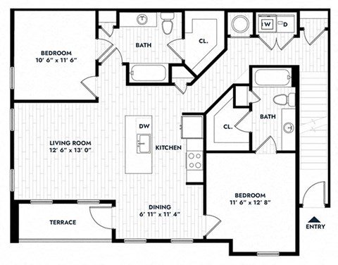 Floor plan for 2 beds, 2 baths, 1172 sqft