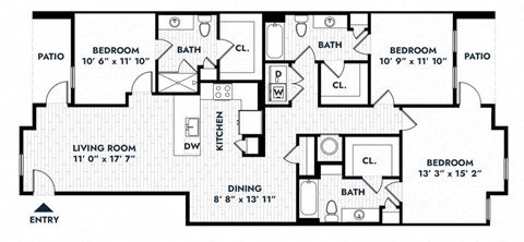 Floor plan for 3 beds, 3 baths, 1520 sqft