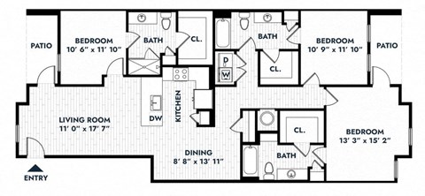Floor plan for 3 beds, 3 baths, 1520 sqft