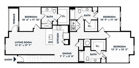 Floor plan for 3 beds, 3 baths, 1580 sqft