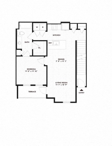 Floor plan for 1 bed, 1 bath, 783 sqft