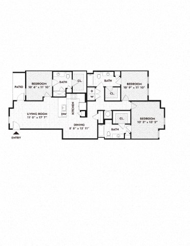 Floor plan for 3 beds, 3 baths, 1520 sqft