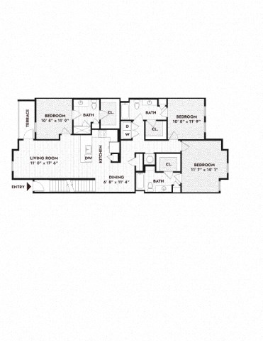 Floor plan for 3 beds, 3 baths, 1580 sqft