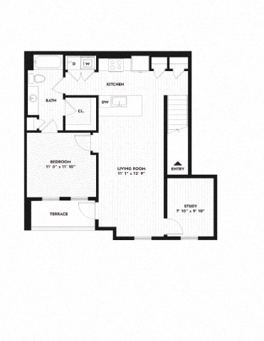 Floor plan for 1 bed, 1 bath, 860 sqft