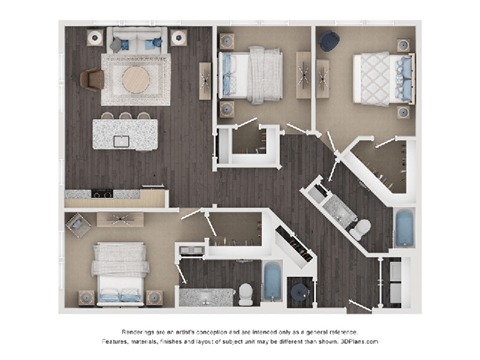 Floor plan for 3 beds, 2 baths, 1360 sqft
