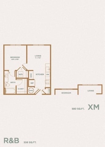 Floor plan for 1 bed, 1 bath, 556 sqft
