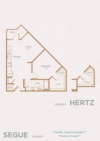 Floor plan for 1 bed, 1 bath, 731 sqft