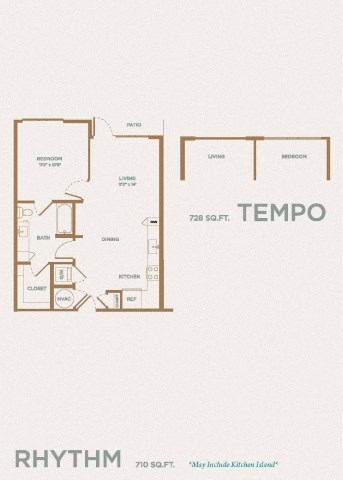 Floor plan for 1 bed, 1 bath, 710 sqft