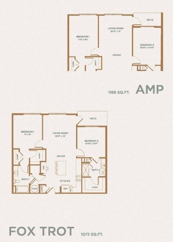 Floor plan for 2 beds, 2 baths, 1072 sqft