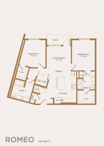 Floor plan for 2 beds, 2 baths, 1124 sqft