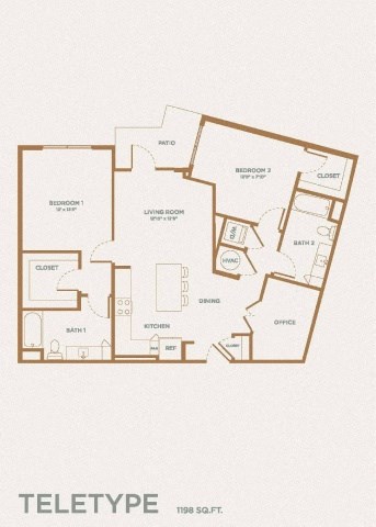 Floor plan for 2 beds, 2 baths, 1198 sqft