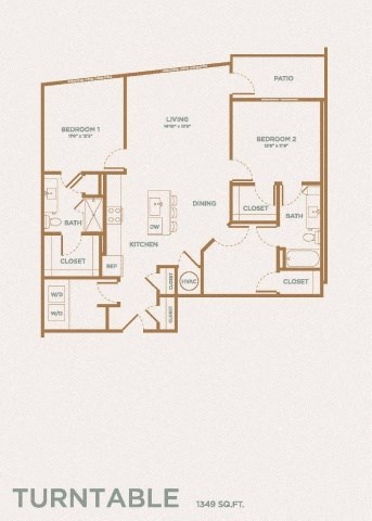 Floor plan for 2 beds, 2 baths, 1349 sqft