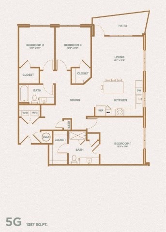 Floor plan for 3 beds, 2 baths, 1387 sqft