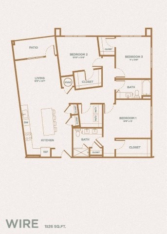 Floor plan for 3 beds, 2 baths, 1526 sqft