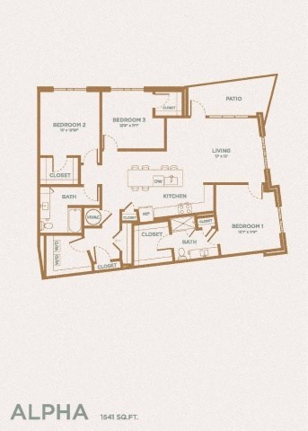 Floor plan for 3 beds, 2 baths, 1541 sqft