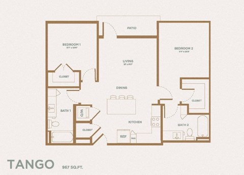 Floor plan for 2 beds, 2 baths, 967 sqft