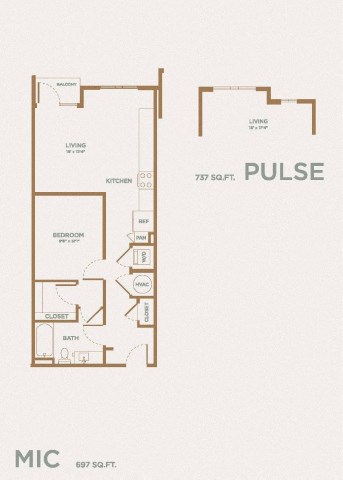 Floor plan for 1 bed, 1 bath, 695 sqft