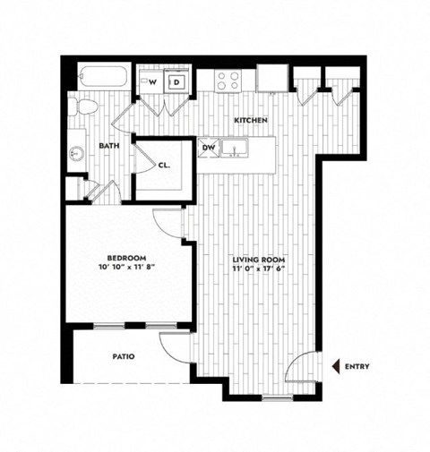 Floor plan for 1 bed, 1 bath, 723 sqft