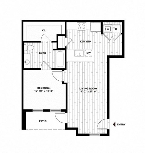 Floor plan for 1 bed, 1 bath, 723 sqft