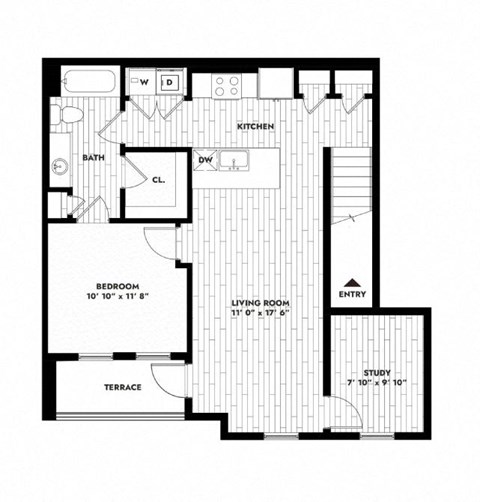 Floor plan for 1 bed, 1 bath, 860 sqft