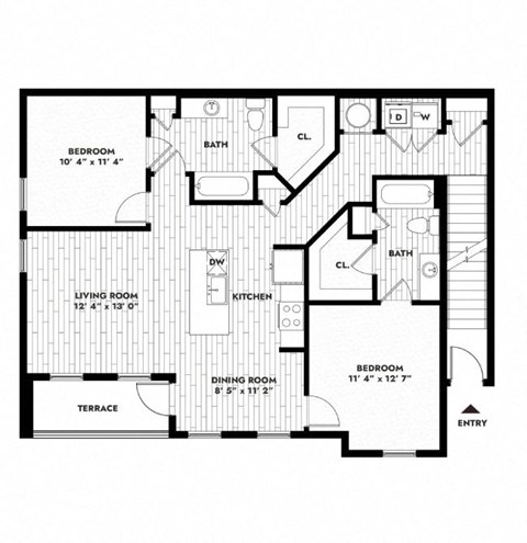 Floor plan for 2 beds, 2 baths, 1172 sqft