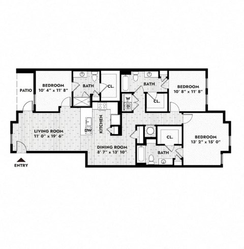 Floor plan for 3 beds, 3 baths, 1520 sqft