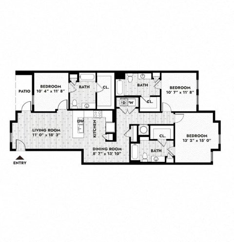 Floor plan for 3 beds, 3 baths, 1520 sqft