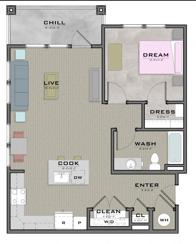 Floor plan for 1 bed, 1 bath, 741 sqft