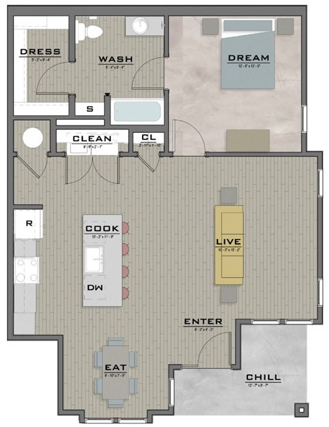 Floor plan for 1 bed, 1 bath, 867 sqft