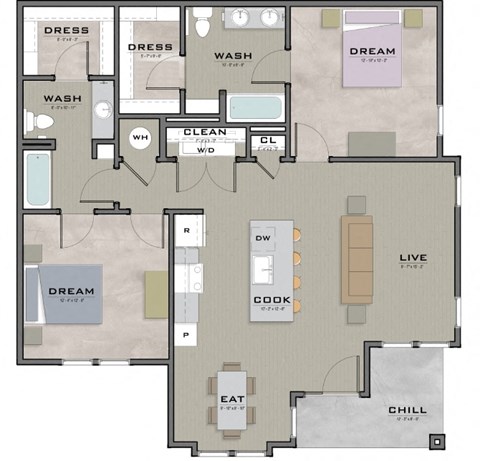 Floor plan for 2 beds, 2 baths, 1153 sqft