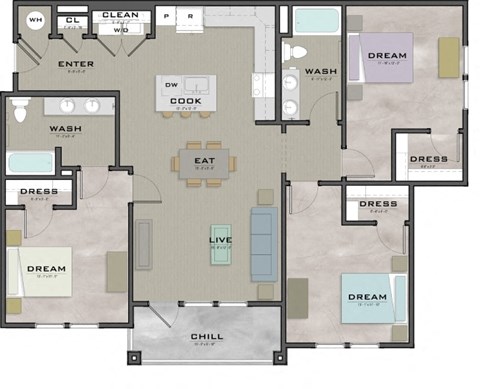 Floor plan for 3 beds, 2 baths, 1369 sqft