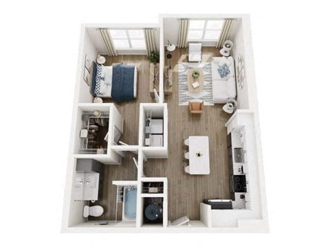 Floor plan for 1 bed, 1 bath, 750 sqft